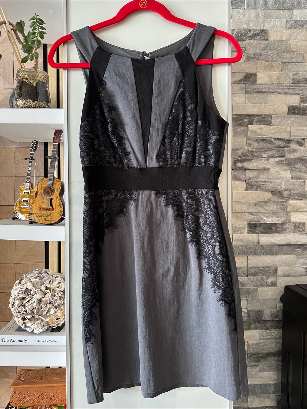 Teeze Me Gray and Black Lace Fit-and-Flare Mini Dress